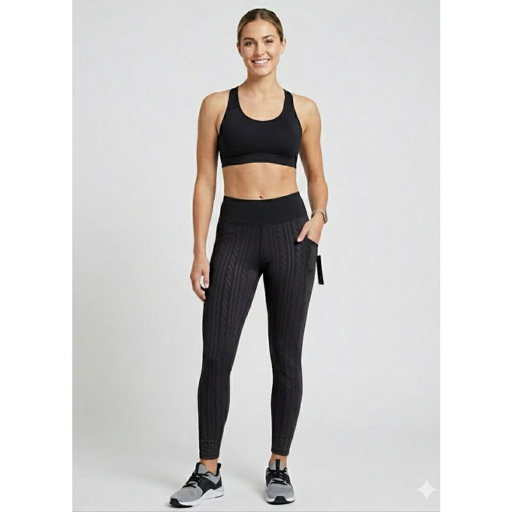 NWT Tahari Sport Black Cable Knit Print Leggings L High Rise Pockets